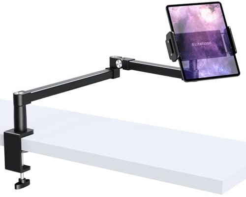 elitehood 71cm Long Arm iPad Holder for Bed & Desk, Aluminum Adjustable iPad Stand for Desk, Bed Tablet Holder Arm Mount Compatible with Phone, IPad Pro Air Mini and 4.7-13in Devices