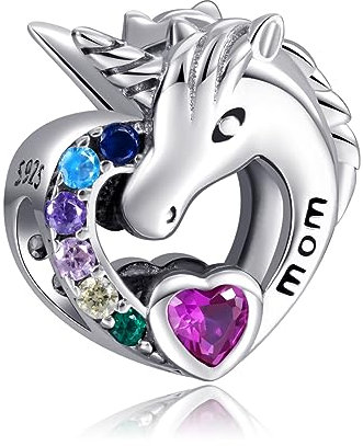 NINGAN 925 Sterling Silver Cuore Unicorno Mamma Charms Perline Ciondolo Zircone Colorato Adatto per Donne Bracciale Collana, Festa della Mamma Regalo