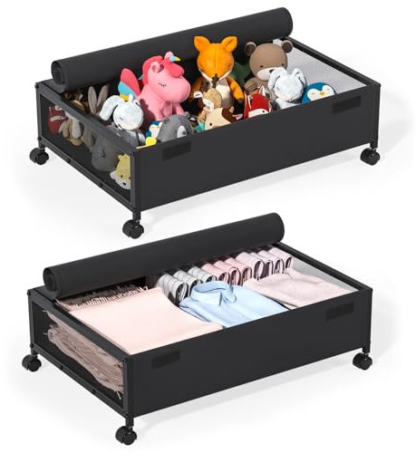 LEUTED Unterbett Aufbewahrungsbox, 2 Stück Unterbettkommode mit Rollen, Metallrahmen Unterbett Aufbewahrung mit Deckel, Hohes Volumen Bettkasten für Kleidung Schuhe Decken Spielzeug