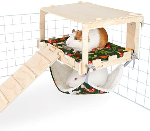 Bienbee Meerschweinchenhaus, Meerschweinchenbett mit Hängematte und Rampe, Meerschweinchenspielzeug aus Holz mit Treppe und abnehmbarem Pad in Meerschweinchenkäfigen für Kleintiere, Kaninchen, Häschen