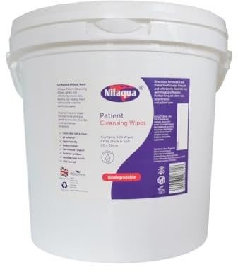 Nilaqua Biodegradable Patient 500pk Wipes Tub - Body Cleansing Wipes for Elderly, Thick, Strong, ECO Wet Wipe for Adults Personal Care, Full Body No Water Required, 200mm x 200mm