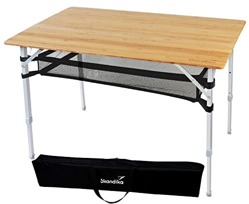 Skandika Bambus Campingtisch Tolja | Faltbarer Tisch mit Netzablage, versch. Größen, 3-Fach höhenverstellbar, Alu, Holz, wetterfest, UV-beständig | Klapptisch für Camping, Garten, Balkon