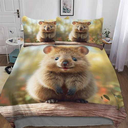 PAZZK Quokka Bettwäsche & Kissenbezug - Bettbezüge Aus Atmungsaktivem Mikrofaser, Superweiches Bettbezug Set 2teilig, Angenehme Bettdeckenbezug Single (135x200cm)