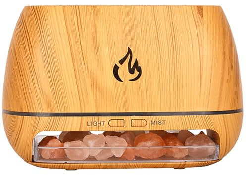 XJKLBYQ Himalayan Salt Lamp Diffuser,3 in 1 Ultrasonic Essential Oil Diffuser,Simulation Flame Humidifier,Colorful Light Mist Diffuser,Wood Grain Aroma Diffuser for Office Home