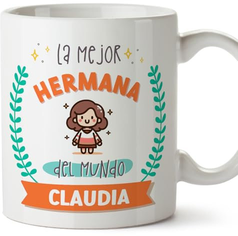 MUGFFINS Tazas Personalizadas para HERMANA - En Español - Mejor del mundo - Con dibujo - 11 oz / 330 ml - Regalo personalizable original y divertido