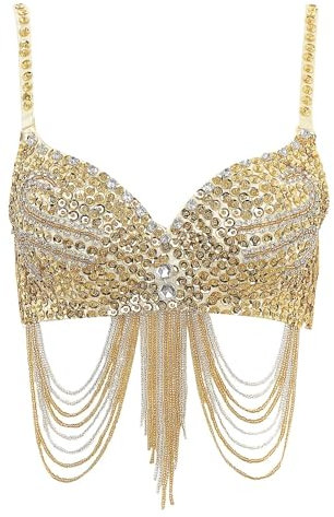 SXJMTS Glitzer BH Bauchtanz-Top for Damen, glänzendes Korsett, Bauchfreies Top mit Fransen, Strass-Pailletten, Club-BH, Spaghettiträger, Bügel, Push-Up-Bustier-Tops(Gold)