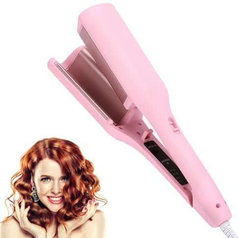 32mm French Wave Heated Curling Iron With 4 Gears Temperature for Short and Long Hair (Pink)