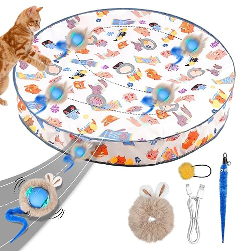 Vicloon Juguete Interactivo para Gatos, Juguetes para Gatos, Juguete Inteligente Interactivo para Gatos con Plumas Desmontables, Juguete de Bola USB, Tapete de Laberinto de 7 Agujeros(Animales)