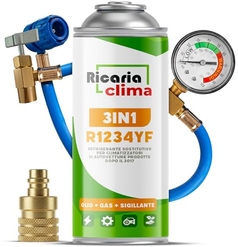 Ricaria Clima - Kit de Recarga de Aire Acondicionado para automóvil 3 en 1 sustituto R1234yf – 1x Gas 3 en 1 con Manguera y Adaptador YF – 235 g