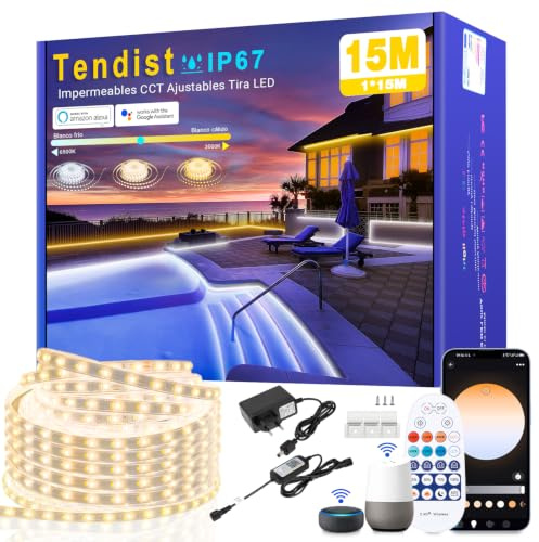 TENDIST 15M LED Streifen Aussenbereich Warmweiss bis Kaltweiß Dimmbar | Outdoor Led Strip Alexa Kompatibel WiFi App & Fernbedienung, 24V IP67 Wasserdicht LED Streifen Selbstklebend für Terrassen