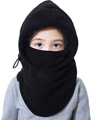 VSREI Bonnet Enfant Chapeau Ski Écharpe d'hiver Cagoule Doublure Cotton Doux, 5 en 1 Ajustable Epais Elastique Cache Oreilles pour Garçon Fille en Plein Air Quotidien (3-14ans) (Noir)