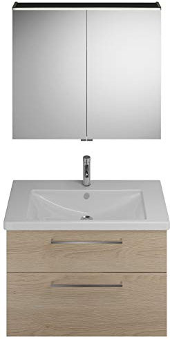 burgbad Eqio Set, bestehend aus Spiegelschrank, Keramik-Waschtisch und Waschtischunterschrank, Breite: 930 mm, SFAN093, Farbe: Eiche Dekor Cashmere/Eiche Dekor Cashmere, Stangengriff Chrom P95
