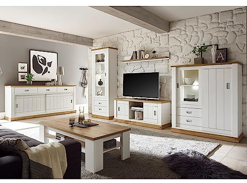 Wohnwand im Landhausstil, Pinie weiß, Wotaneiche, Lowboard, Vitrinenschrank, Sideboard, Highboard