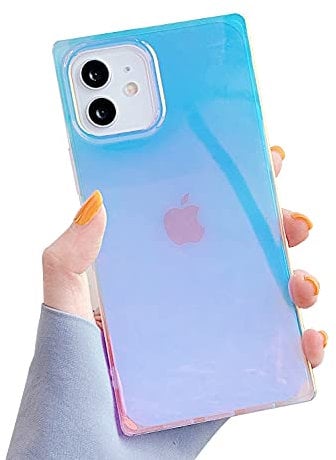 Omorro for iPhone 12 Square Edge Case, Glitter Fashion Sparkly Laser Color Changing Design Anti-Fall Slim Thin Soft Flexible TPU Bumper Shockproof Protective Back Cover Shiny Bling Phone Case White