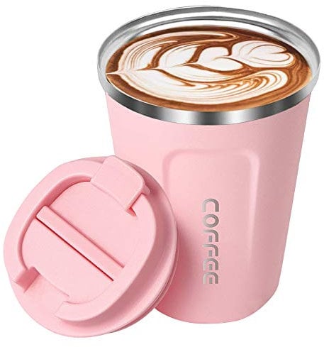 Insulated Coffee Cup, Senelux Double Walled Insulated Stainless Vacuum Coffee Travel Mug with Leakproof Flip Lid Keep Coffee Tea Hot and Soft Drink Cold 13oz 380ml Pink