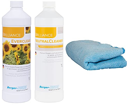 Berger-Seidle Brilliance L93 Everclear, Premium Parkett Pflegemittel für versiegelte Holz,- Laminat und Fliesen Oberflächen, seidenglänzend + Neutralcleaner+Poliertuch