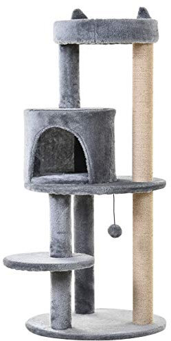 PawHut Katzenbaum 4-Stock Katzenhöhle Katzenhaus mit Spielbällen Sitzstange Sisalsäule und Kratzbrett groß stabil luxuriös Sisal Plüsch Grau 48x48x104 cm
