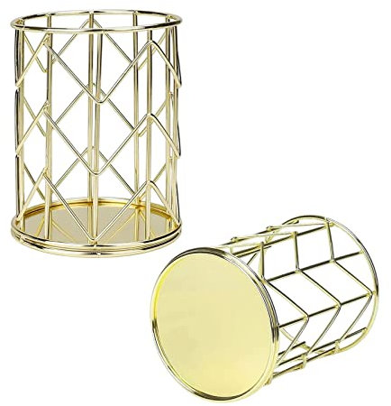 2 Pieces Pen Holder, Openwork Metal Pencil Holder, Makeup Brush Holder, Desk Organiser, Pen Holder Organiser for Office Dressing Table, Gold