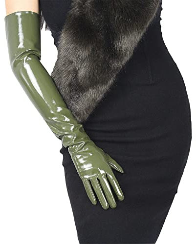 DooWay Lange Lederhandschuhe für Damen, olivgrün, Wet-Look, Kunst-PU, Opernkostüm, Cosplay, Party-Handschuhe, Olivgrün, 60 cm, 38