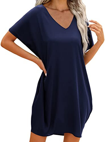 Mini Robe Décontractée Hawaïenne Été pour Femme - Robe Droite Manches Courtes - Longueur du Genou - Coupe Ample - Robe T-Shirt Grande Taille Col en V- Robe de Plage (04 Marine, XL)