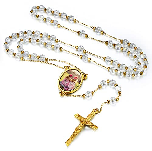 FaithHeart Collana HD Foto Rosario San Michele Medagila Personalizzata Collana Lunga 66CM di Perline Preghiera 66+16 CM Gioielli Religiosi Regalo Compleanno