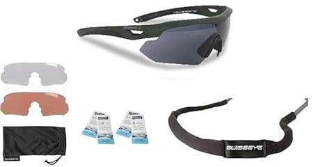 blntackle76 Set Swiss Eye® Tactical Brille balistiche Schutzbrille, Schießbrille, Sportbrille Wechselgläser, Etui, Brillenband &Brillenputztuch Farbewahl (olive/grün)