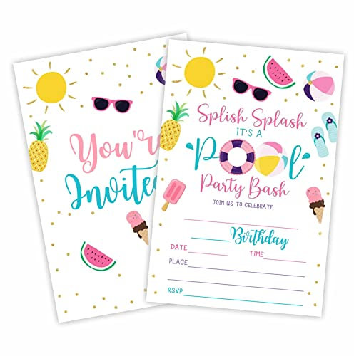 Einladungskarten für Pool-Party-Geburtstag, tropische Strand-Einladungskarten (20 Stück) mit Umschlägen, Sommerschwimmen, zum Ausfüllen von Einladungskarten für Jungen, Geburtstagsparty-Zubehör,A17