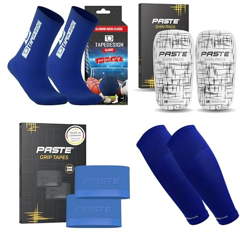 PASTE - XXL 4er Set: TAPEDESIGN Fußball-Socken (Classic), Schienbeinschoner, Stutzen Schienbeinschonerhalter (blau) - Fussball-Socken mit Schienbeinschoner Halterung & Fußballstutzen
