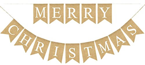 Leinen Frohe Weihnachten Banner Geburtstag Wimpelkette 2 Wimpel Banner hängende Party Dekorationen Schiffschaukel Kinder (Khaki, One Size)