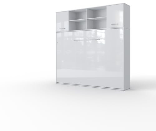 MAXIMAHOUSE Schrankbett horizontal mit praktischen Aufsatz, Invento LED 140H mit Lattenrost aus Holz, Wandklappbett 140x200 modern Concept und Design (Weiß/Weiß Glanz)