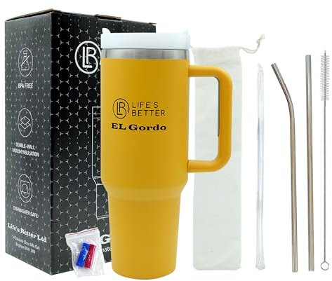40oz Mustard Tumbler with Handle - 1.1Ltr Mug - Double Wall Stainless Steel Vacuum Mug -Insulated Cup -Travel Flask Hot/Cold Drinks - Plus 2 Steel Straws - by Life's Better