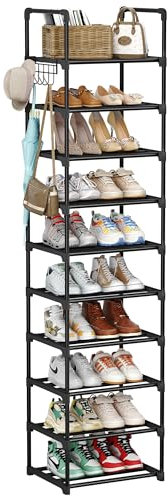 SPUSEN 10 Tier Shoe Rack, Shoe Storage Organizer with Hooks,Fit 20-25 Pairs Shoes,Metal Tall Shoe Shelf for Closet,Entryway,Garage,Bedroom,Cloakroom