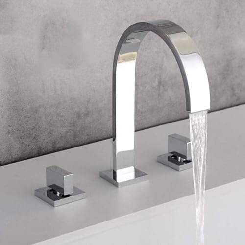JQFDD Rubinetto Bagno Lavabo 3 Fori Ottone Rubinetto Lavabo Cascata Caldo e Freddo Doppia Maniglia Rubinetto Lavabo Bagno-Cromo