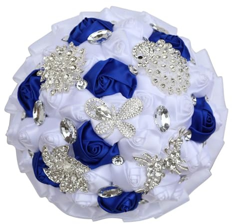 Gkvszy Bouquet da sposa con spilla di strass in raso, bouquet di fiori per sposa, damigella d'onore, Quinceanera, matrimonio, blu reale e bianco, 18 cm