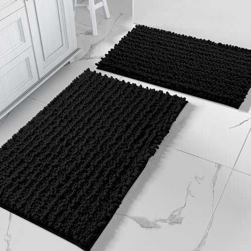 Yimobra Badezimmerteppich Set 2 Teilig, Chenille, rutschfeste Badematte - Luxuriöser Komfort für Ihr Badezimmer, 51 x81 + 43 x 61 cm, Schwarz