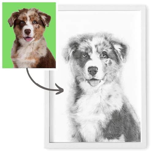Tierportrait personalisiertes Geschenk Hundebesitzer Bild im Stil einer Bleistiftzeichnung von Foto Portrait wie Bleistift Zeichnung Fotogeschenk Hund Geschenk Haustier (mit oder ohne Rahmen)