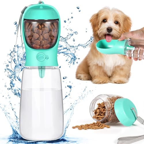 Frasheng Bouteille d'eau Portable pour Chien, 550ML Bouteille d'eau pour Chien Chat avec 80g Récipient de Nourriture, BPA-Free, Antibactérienne, pour Les Excursions en Camping (Bleu)