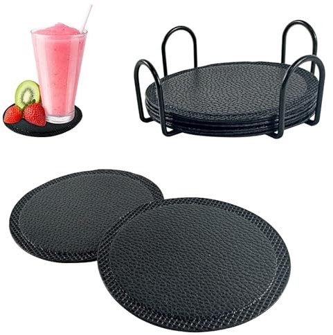 8 Pièces Dessous de Verre Silicone avec Support, Dessous de Verre Cuirs Noir, sous Verre en Silicone avec Plateau pour Café ou Bière Tasses, Tasse à Thé, Boissons, Plantes et Les Bars