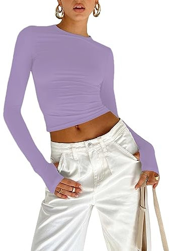 OYIGELZ Long Sleeve Tops Women's Basic T-Shirt Long Sleeves Crop Top Y2K Slim Fit Casual Round Neck Tee Shirt Streetwear(Purple-b,XXL)