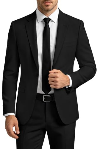 LORENZO BRUNO Mens Suit 2 Piece Black Suits for Men One Button Slim Fit Solid Jacket & Pants Tuxedo Set Business Wedding Party, Black, M