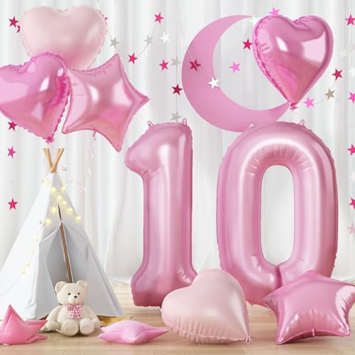 Folienballon Zahl 10 Pastell Rosa, 101cm Zahlen Luftballons 10 mit Herz Stern Ballon, Zahlenballon Helium 40'' Hell Pink Ballons 10. Geburtstag für Frau Mädchen 10 Geburtstagsdeko Jubiläum Party Deko