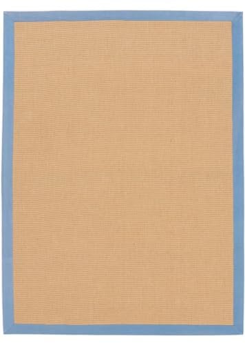 carpetfine Sisalteppich Naturfarbe 240x340 cm handgewebt mit Bordüre aus Baumwolle in Blau | Moderner Rutschfester Flachgewebeteppich Uni aus Naturfasern für Wohnzimmer, Schlafzimmer