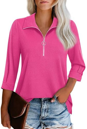Cuptacc Tops Col V Manches 3/4 Court Casual Blouse Femme Couleur Unie Polo Shirt Zippée Chemise Femme Formal Douceur Rose Pétant XXL 52-54
