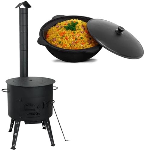 Utschak Ø40 Uchag 2mm stahl 12 L Kazan Wok Eintopfofen mit Schornstein Abzugsrohr Utschag Feuerofen Campingofen Außenküche Ofen Grill Gulaschkanone Kasan Feuerstelle Feldküche Gusseisentopf