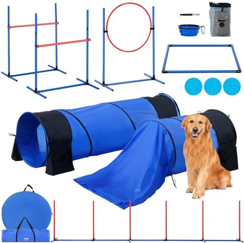 VEVOR Agility Set Hunde, 7-teiliges Set mit verstellbaren hohen Hürden, 6 Slalomstangen, 2 Tunneln, Sprungring, Pausenbox, 3 Frisbees, Pfeife, faltbarem Napf, Hindernisparcours-Set mit Taschen