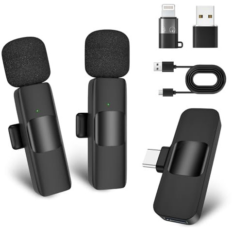 Pulilang Microfono Lavalier Wireless,Microfoni Wireless Professionali per iPhone/Android Phone/Laptop,Riduzione del Rumore,Mini Microfono per Youtube,TikTok,Vlogging,Trasmissioni dal Vivo,Interviste