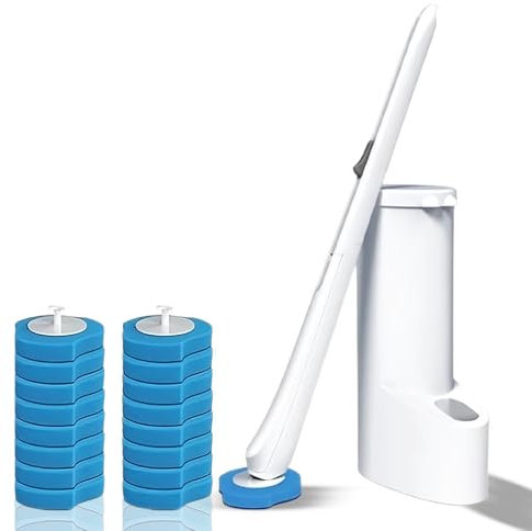 OrionMart Disposable Toilet Brush and Holder Bathroom Cleaner Kit with 16 Wand Replacement Heads - Disposable Touch Free & Hygienic Bathroom Accessory for Sparkling Toilet Bowl