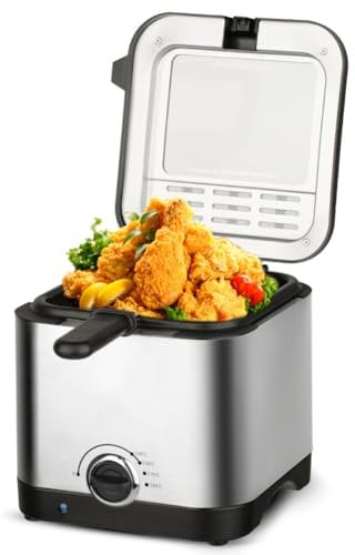 HYQNG Small Deep Fat Fryer with Basket 1000W, 2.5L Electric Deep Fryer with Non-stick Coating, Adjustable Temperature, Viewing Window, Stainless Steel Chip Fryer for Fried Chicken, Shrimp