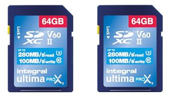 Integral 64GB 2-Pack UHS-II SD-Karte V60 Bis zu 280 MB/s Lese- und 100 MB/s Schreibgeschwindigkeit SDXC Professional High Speed Speicherkarte