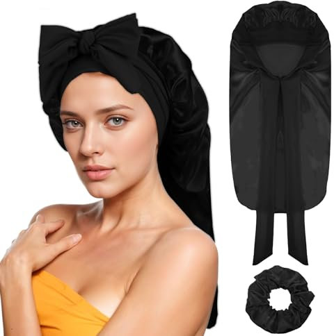 Yuanchu Lange Satin Zopfhaube für Damen,Seidenhaube zum Schlafen Satin Haarhaube mit Haargummi Silk Bonnet Verstellbare Schlafmütze Schlafkappe Nachtmütze für Lange Lockiges Haar Locs(Schwarz)